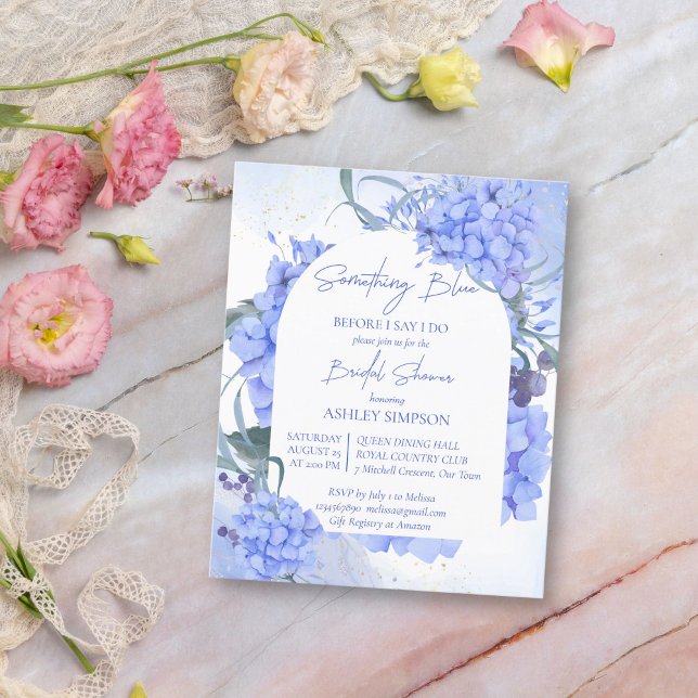 Iets blauw elegant vrijgezellenfeest budget uitnod (Something blue bridal shower blue hydrangeas budget affordable bridal shower invitation template)