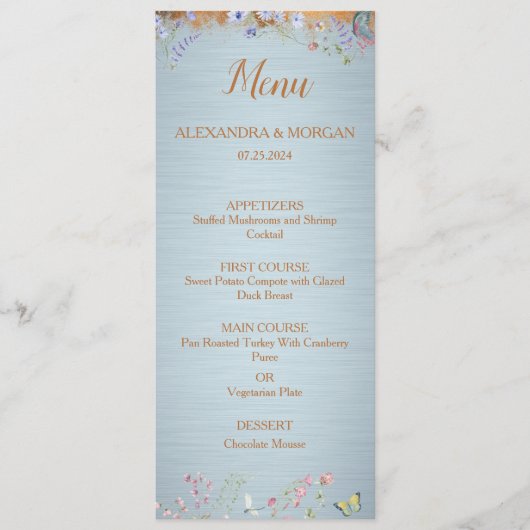 Iets Blauw Elegant Wildflower Bruiloft Menu (Voorkant)