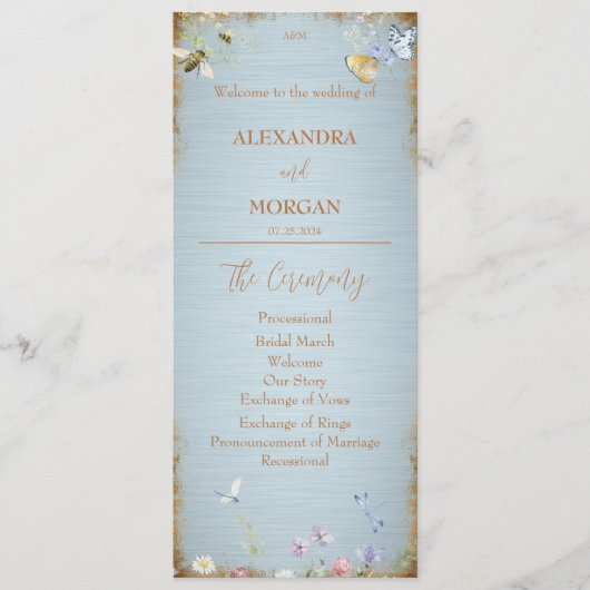 Iets blauw Elegant Wildflower bruiloft programma Programmakaart (Voorkant)