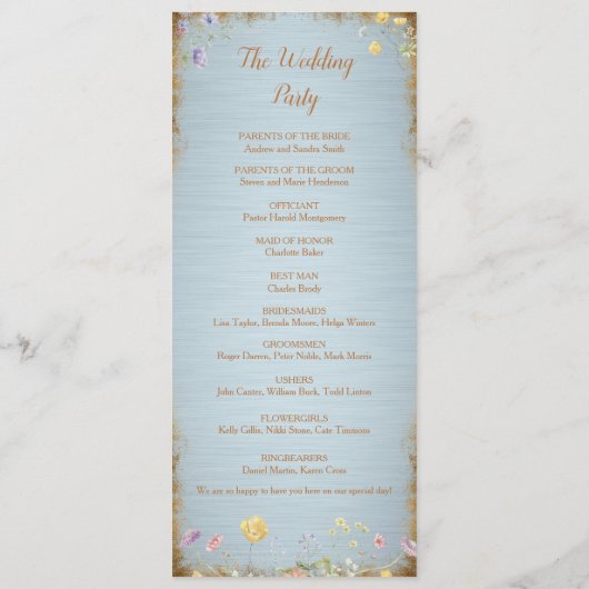 Iets blauw Elegant Wildflower bruiloft programma Programmakaart (Achterkant)