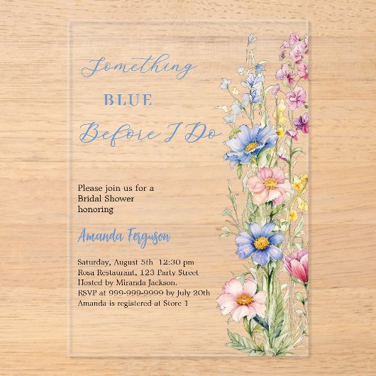 Iets blauw floraal roze helder Vrijgezellenfeest Acryl Uitnodigingen (Voorkant)