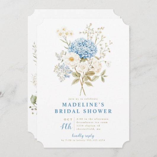 Iets blauw hortensia als bruids douche uitnodiging (Voorkant / Achterkant)
