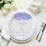 Iets blauw hortensia vrijgezellenfeest bedrukt papieren bordje<br><div class="desc">Iets blauw voordat ik doe vrijgezellenfeest blauw hortensia botanische bloemen gepersonaliseerd monogram bedrukt papier borden sjabloon,  waterverf stoffige blauw bloemen botanisch papier borden tafel decor voor tuin thema vrijgezellenfeest.</div>