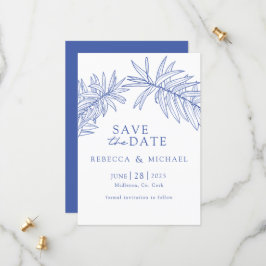 Iets blauw minimalistisch botanisch bespaart de da save the date