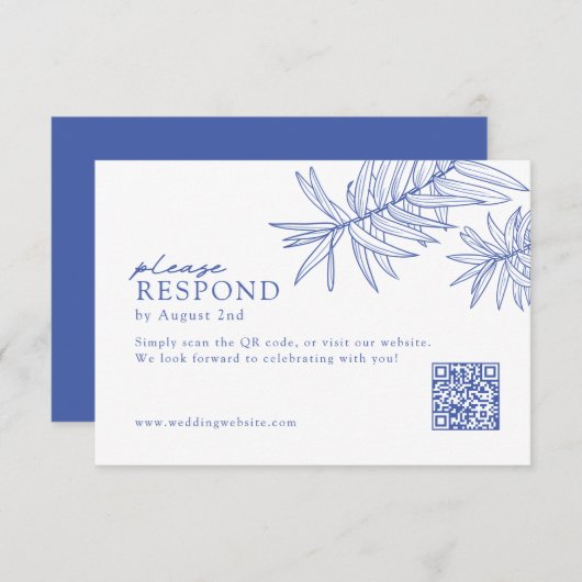 Iets blauw minimalistische botanische QR-code RSVP Kaartje (Voorkant / Achterkant)