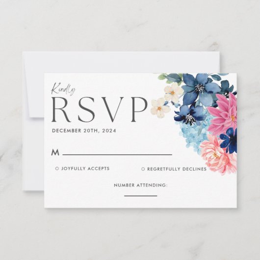 Iets blauw voordat ik bloemenbruiloft doe RSVP kaartje (Voorkant)