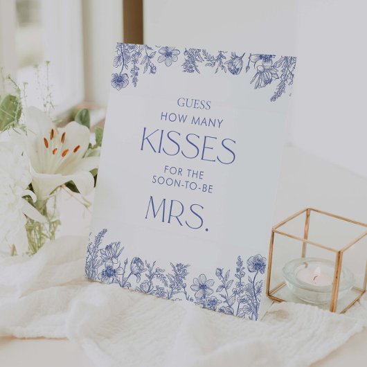 Iets blauw voordat ik raad hoeveel kussen reclamebord met voetstuk