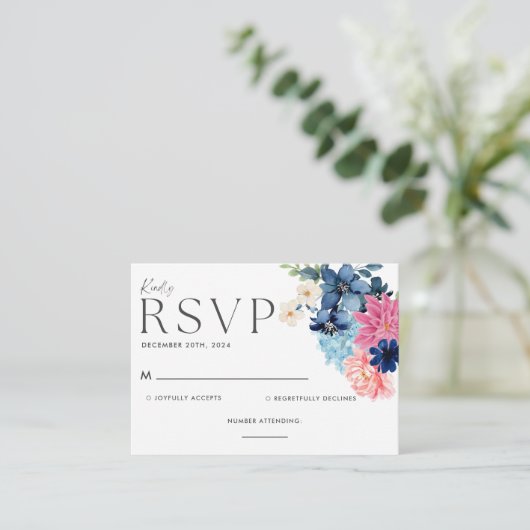 Iets blauw waterverf bloemen bruiloft Rsvp kaart (Staand voorkant)
