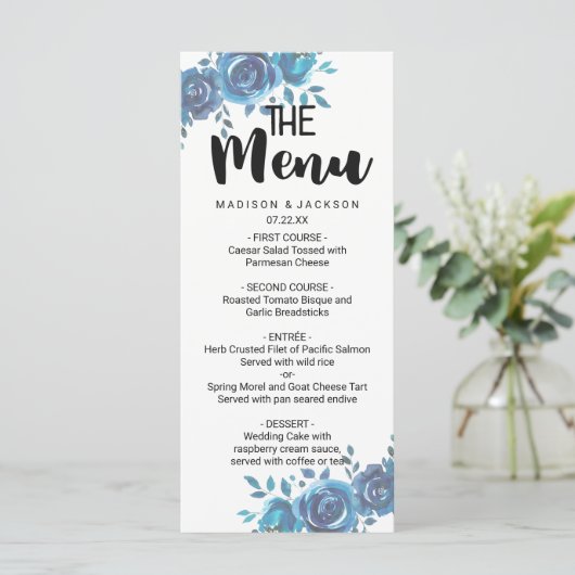 Iets blauw Waterverf bloemenbruiloft Menu (Staand voorkant)