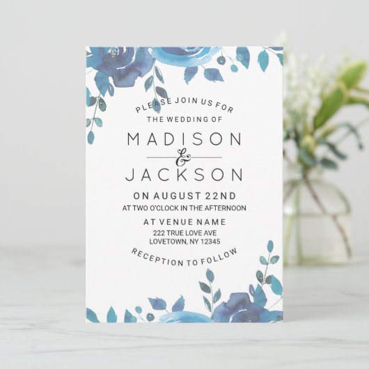 Iets blauw Waterverf bruiloft uitnodigingen (Staand voorkant)