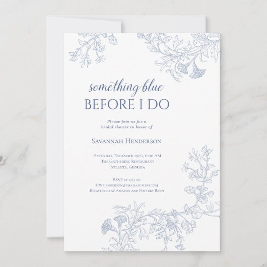 Iets blauwe bloemenbruids douche uitnodiging (Voorkant)