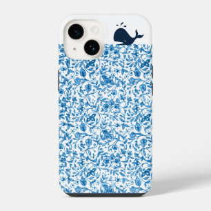 Iets Blauwe Walvis Vintage Bloemmotief Doodle iPhone 14 Hoesje