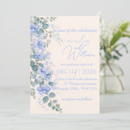Iets Blauws Aquarel Bloem Bruiloft Uitnodiging