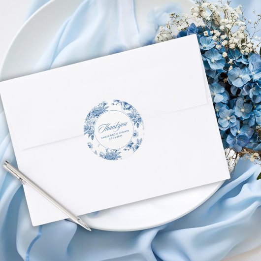 Iets blauws, blauwe chinoiserie bruidsdouche ronde sticker