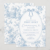 Iets Blauws Vintage Toile Eerste Heilige Communie Kaart (Voorkant / Achterkant)