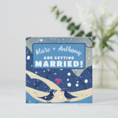 Iets Blauws Winter Liefdes Vogels Bruiloft Save The Date (Staand voorkant)