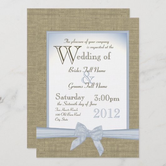 Iets Blue Burlap en Bow Country Wedding Kaart (Voorkant / Achterkant)