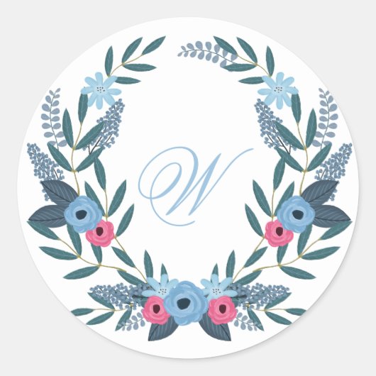 Iets Blue Floral krans met Monogram Ronde Sticker (Voorkant)