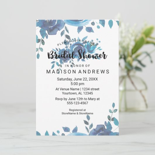 Iets Blue Waterverf Bridal Shower Invitation Kaart (Staand voorkant)