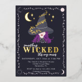 Iets boze heks Halloween feest Folie Uitnodiging (Voorkant)
