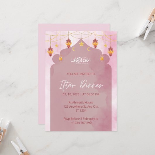 Iftar diner uitnodiging ramadan roze moskee (Voorkant / Achterkant in situ)