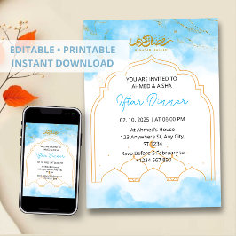 Iftar dineruitnodiging ramadan blauw waterverf kaart