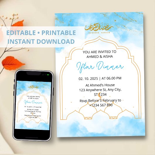 Iftar dineruitnodiging ramadan blauw waterverf kaart