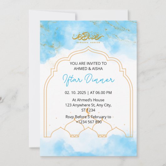 Iftar dineruitnodiging ramadan blauw waterverf kaart (Voorkant)