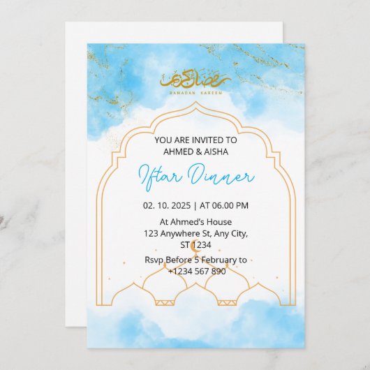 Iftar dineruitnodiging ramadan blauw waterverf kaart (Voorkant / Achterkant)