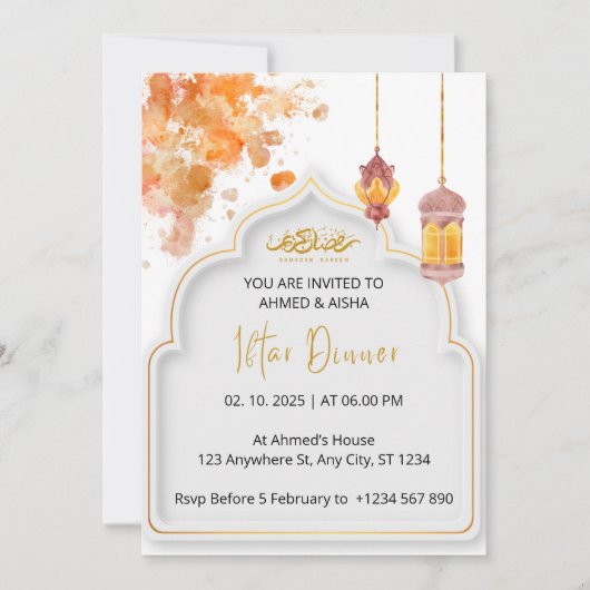 Iftar dineruitnodiging ramadan oranje waterverf kaart (Voorkant)