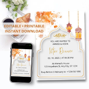 Iftar dineruitnodiging ramadan oranje waterverf kaart