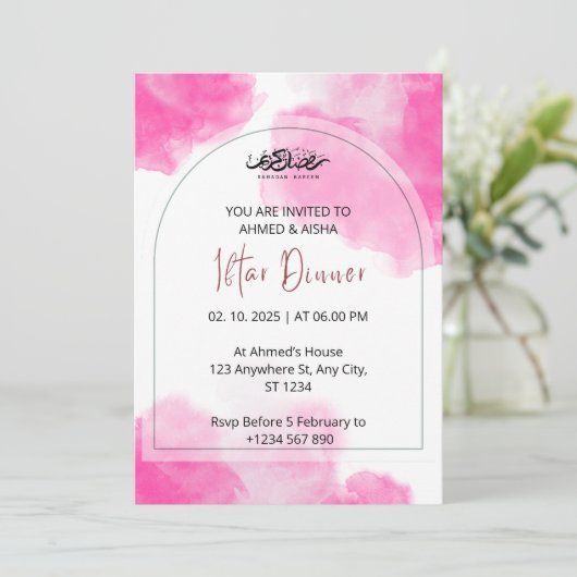 Iftar dineruitnodiging ramadan roze waterverf kaart (Staand voorkant)