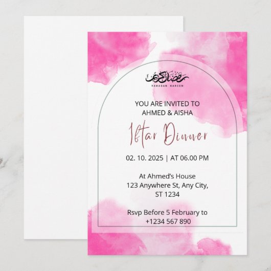 Iftar dineruitnodiging ramadan roze waterverf kaart (Voorkant / Achterkant)