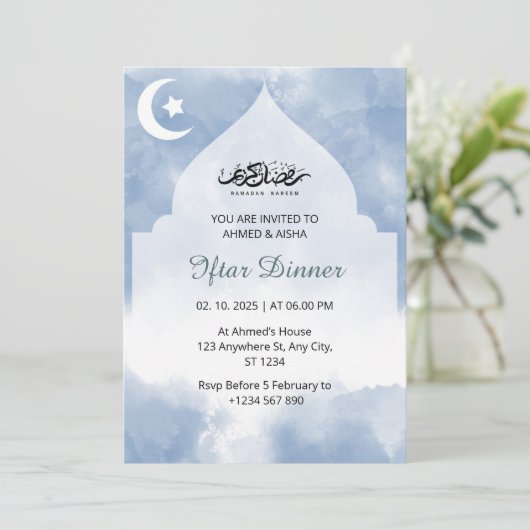 Iftar dineruitnodiging ramadan waterverf blauw kaart (Staand voorkant)