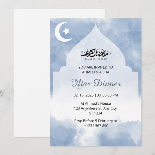 Iftar dineruitnodiging ramadan waterverf blauw kaart (Voorkant / Achterkant)