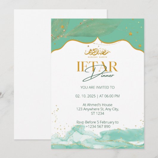 Iftar dineruitnodiging ramadan waterverf groen kaart (Voorkant / Achterkant)