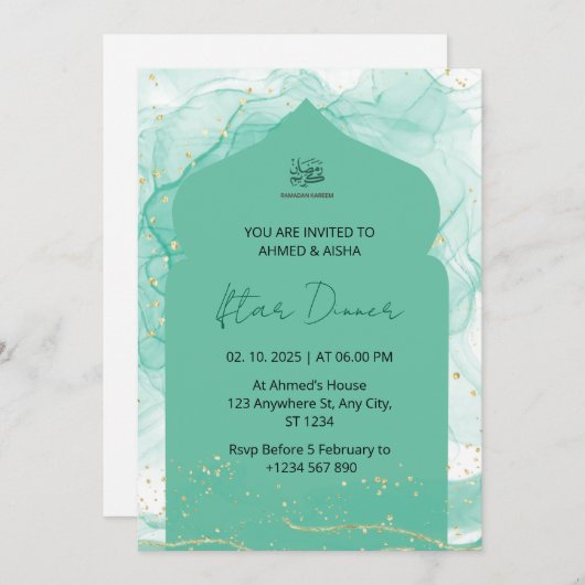 Iftar dineruitnodiging ramadan waterverf groen kaart (Voorkant / Achterkant)
