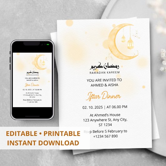 Iftar dineruitnodiging ramadan waterverf maan kaart
