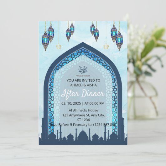 Iftar dineruitnodiging ramadan waterverf moskee kaart (Staand voorkant)