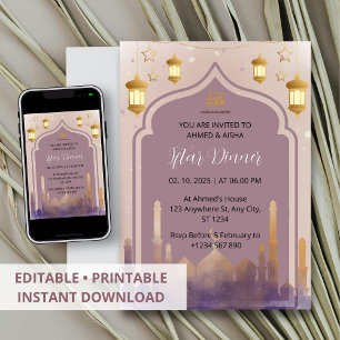 Iftar dineruitnodiging ramadan waterverf moskee kaart