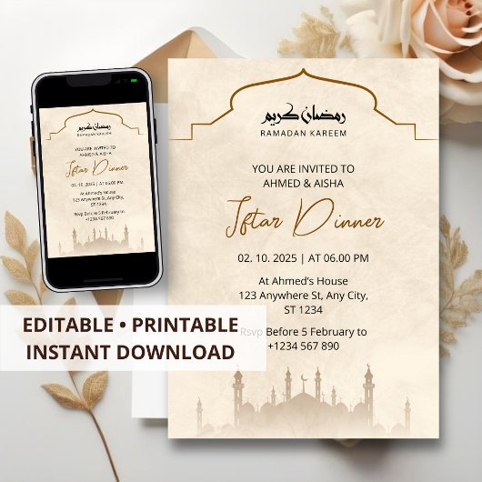 Iftar dineruitnodiging ramadan waterverf moskee kaart