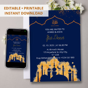 Iftar dineruitnodiging ramadan waterverf moskee kaart