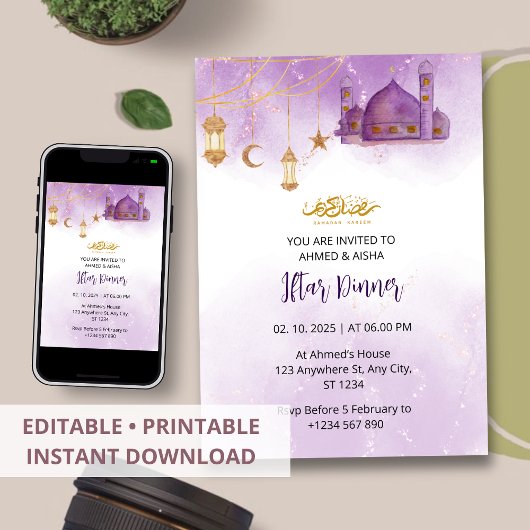 Iftar dineruitnodiging ramadan waterverf moskee kaart