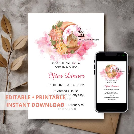 Iftar dineruitnodiging ramadan waterverf roze kaart