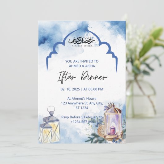 Iftar dinner invitation ramadan blue mosque kaart (Staand voorkant)
