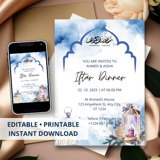 Iftar dinner invitation ramadan blue mosque kaart