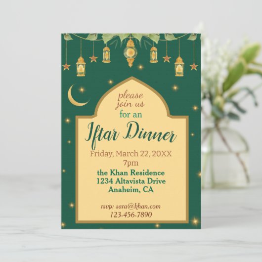 iftar ramadan uitnodiging elegant groen, goud, maa (Staand voorkant)