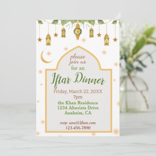 Iftar Ramadan uitnodiging Elegant Wit/Goud/Groen (Staand voorkant)