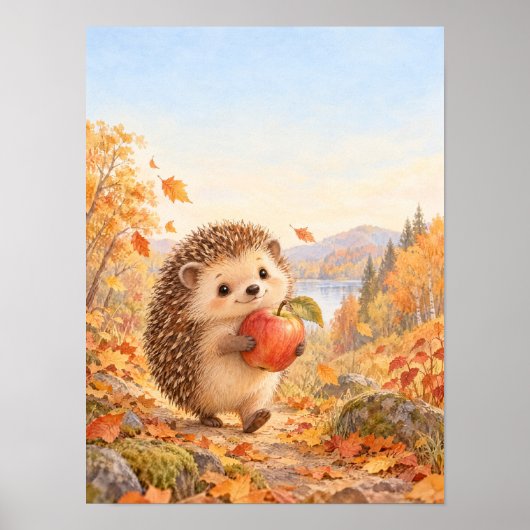 Igel mit rotem Apfel auf dem Waldweg – Poster (Voorkant)