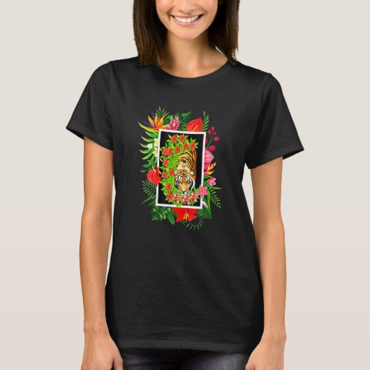 Iger Kat Met Ropisch Bloemendesign T-shirt (Voorkant)